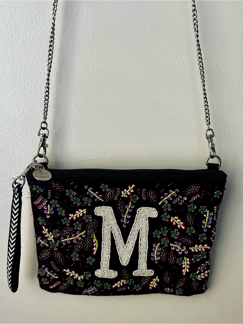 Black Embellished Crossbody Bag with Beaded 'M' Initial